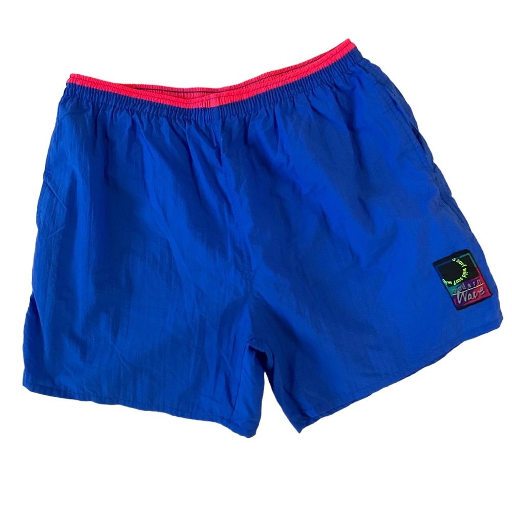 Surf Gear Blue Elastic Red Waistband Wave Patch Vintage Swim Trunks Shorts Large